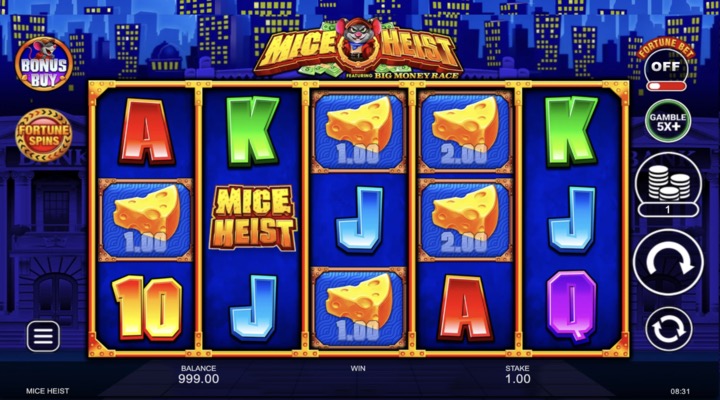 Mice Heist gameplay screenshot showing the reel grid, game logo and city skyline backdrop