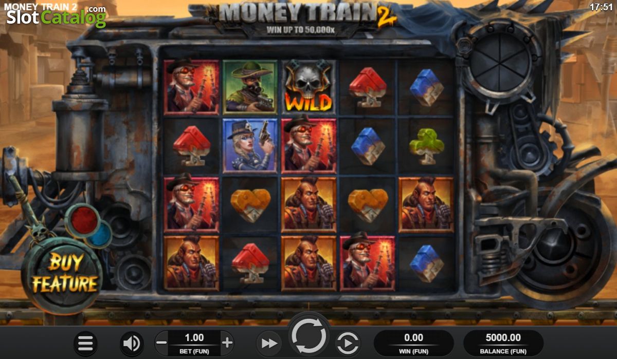 Money Train 2 base game reels showing multiple wild skull symbols and outlaw character symbols
