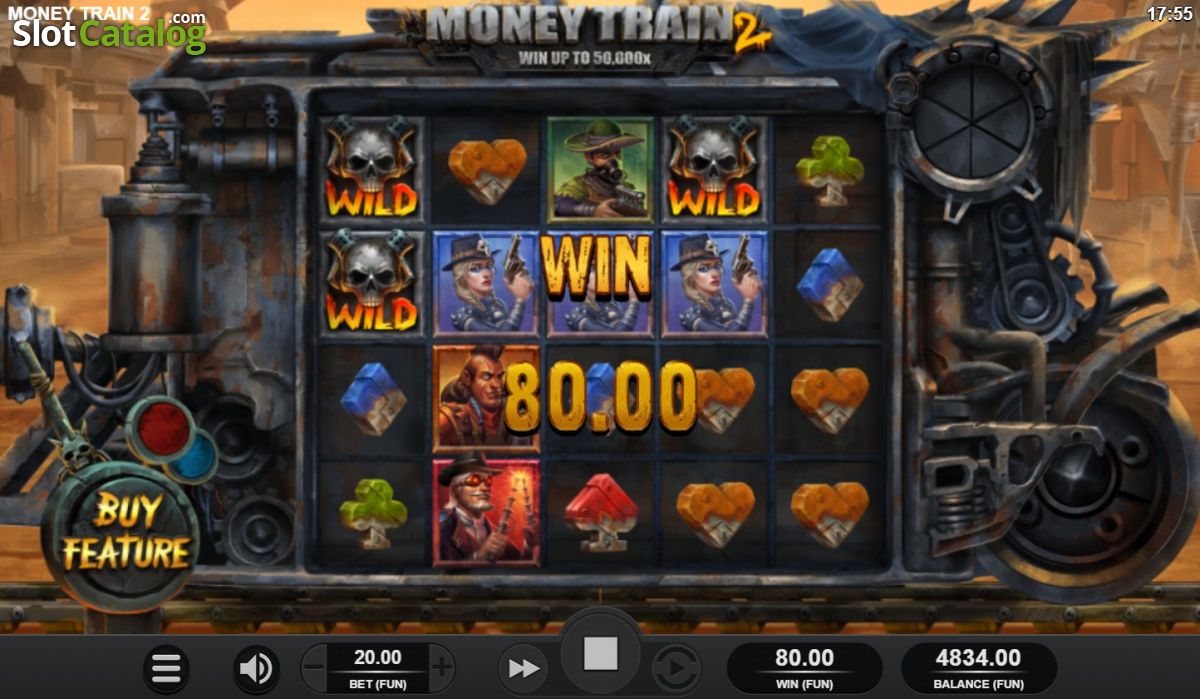Money Train 2 promotional slide showing the Money Cart Bonus Round symbol values, win up to 50,000x, and Re-Spin Feature