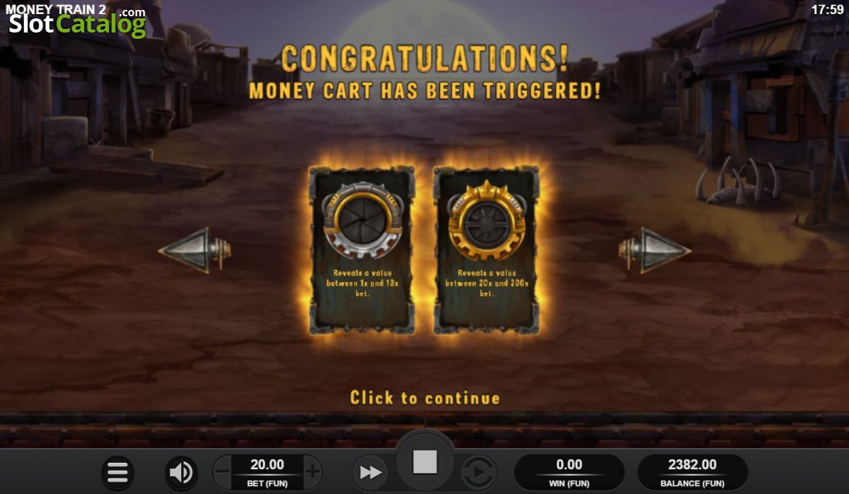 Money Train 2 Money Cart Bonus triggered screen showing two reveal value ranges, 1x to 10x and 20x to 200x stake