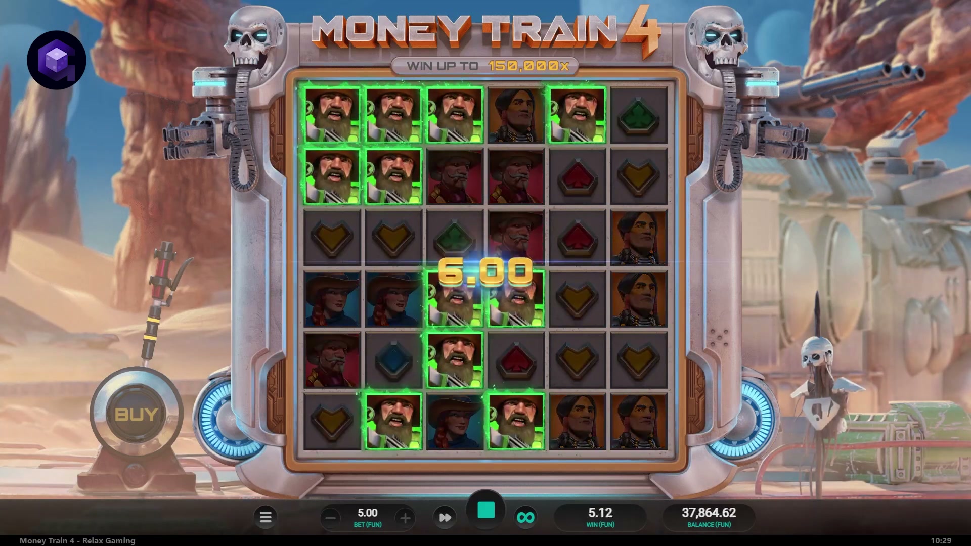 Money Train 4 title screen showing the armoured train and Money Train 4 logo before a spin