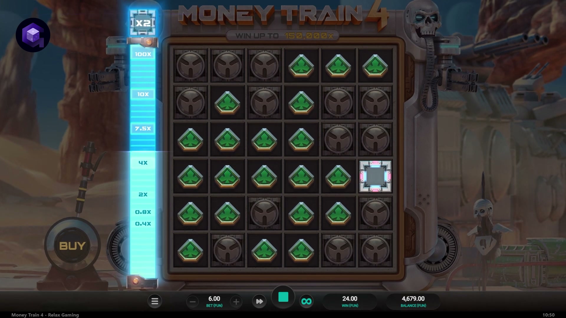 Money Train 4 base game reels showing the 6x6 scatter pays grid with matching symbols highlighted