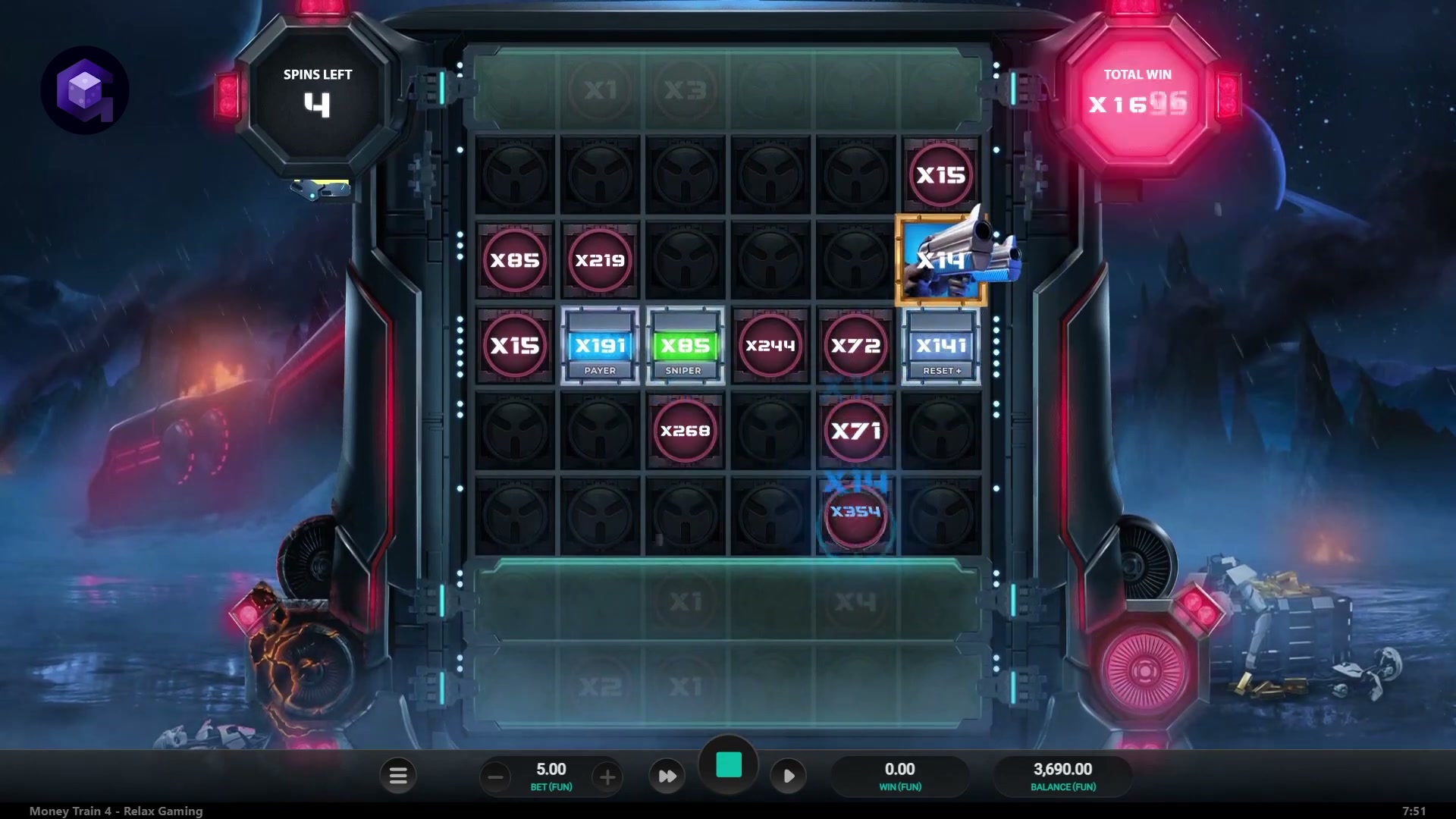 Money Train 4 Money Cart Bonus round with multiplier modifier symbols filling the expanded grid