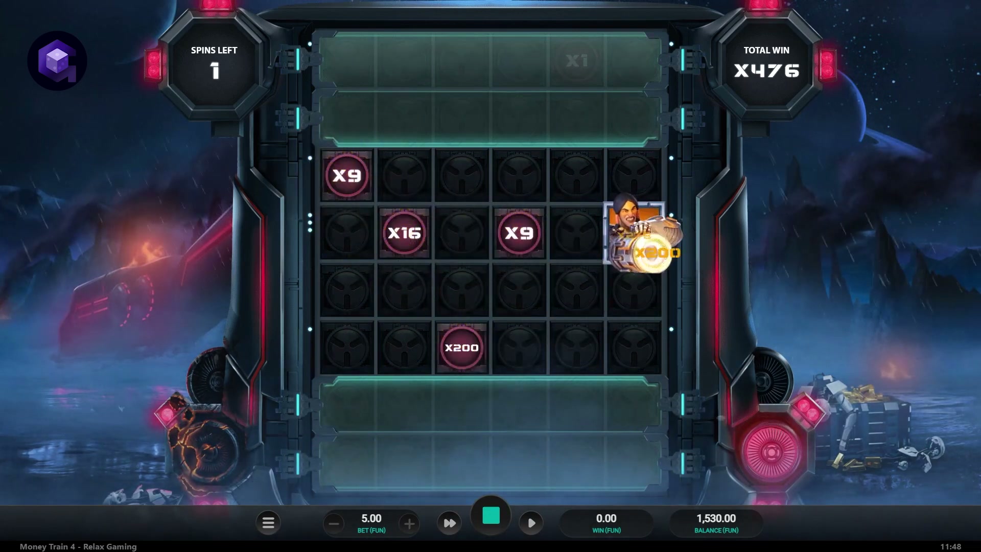 Money Train 4 bonus round showing a large accumulated multiplier value on the modifier grid