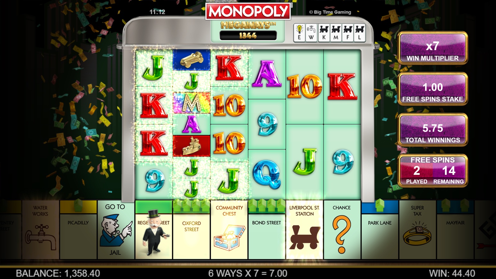 Monopoly Megaways slot feature triggering with cascading wins and Monopoly board game token symbols