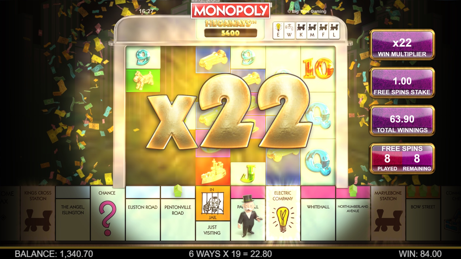 Monopoly Megaways slot free spins feature showing Mr Monopoly moving around the board collecting houses