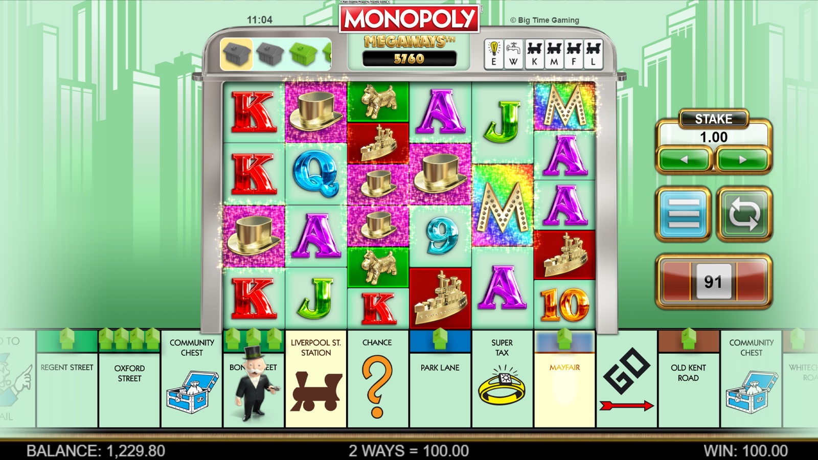 Monopoly Megaways slot showing a big win with high multiplier applied during the free spins round