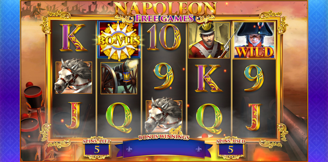 Napoleon slot base game reels showing military and Napoleonic-era symbols on the grid