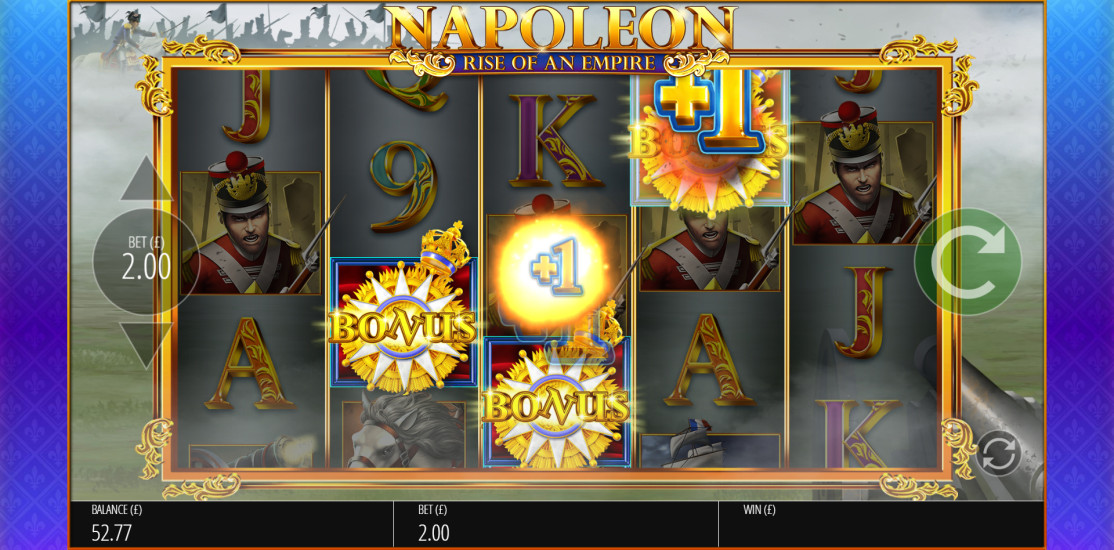 Napoleon slot Free Games feature showing held winning symbols and the Napoleon Streak in progress