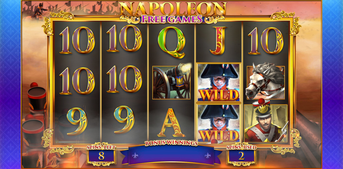 Napoleon slot showing a big win with multiple symbols held and respun during Free Games