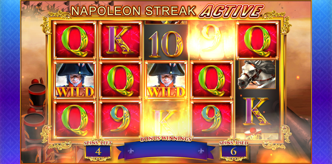 Napoleon slot showing Napoleon and additional wild symbols triggering the Battle Cry feature