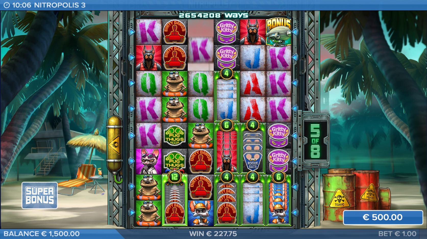 Nitropolis 3 reels showing multiple stacked Nitro Reels with numbered multiplier values across the grid