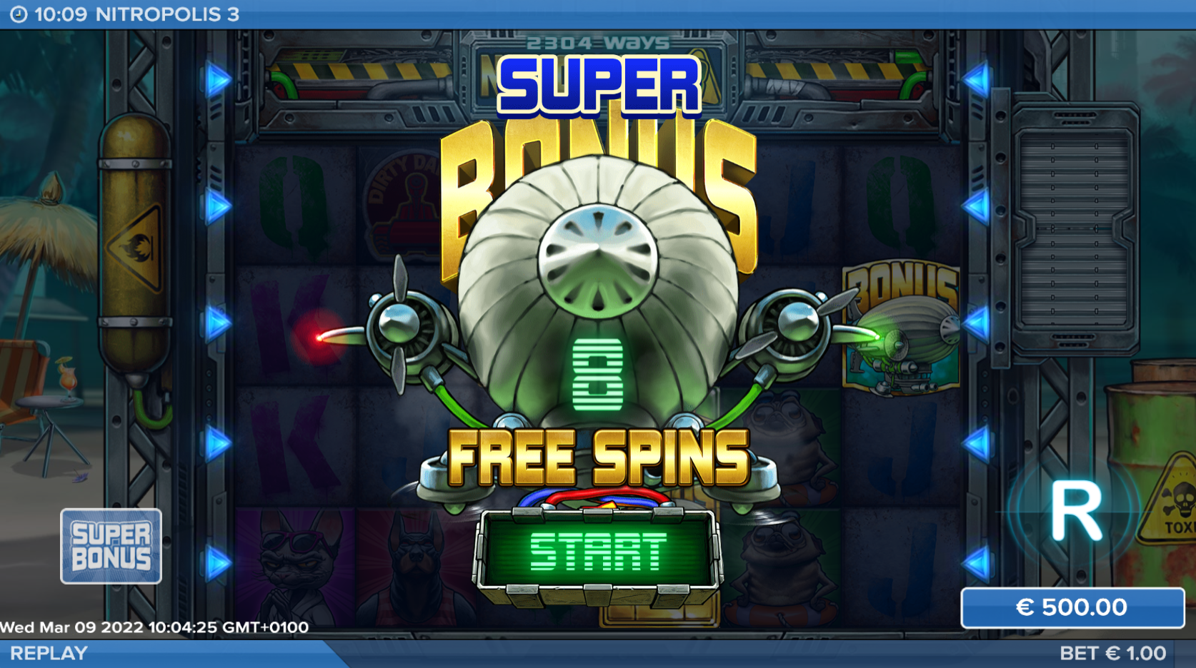 Nitropolis 3 Super Bonus intro screen showing an animated blimp and 8 Free Spins award
