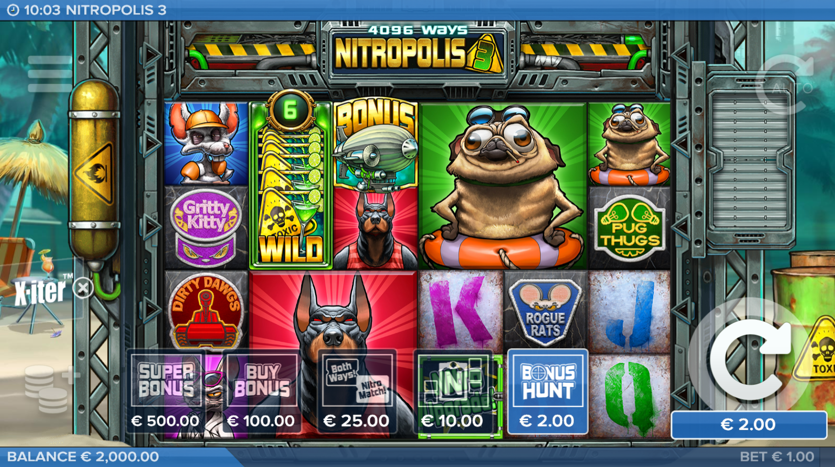 Nitropolis 3 base game reels showing the X-iter buy-in menu with Super Bonus, Buy Bonus, Both Ways/Nitro Match, N and Bonus Hunt price tiers