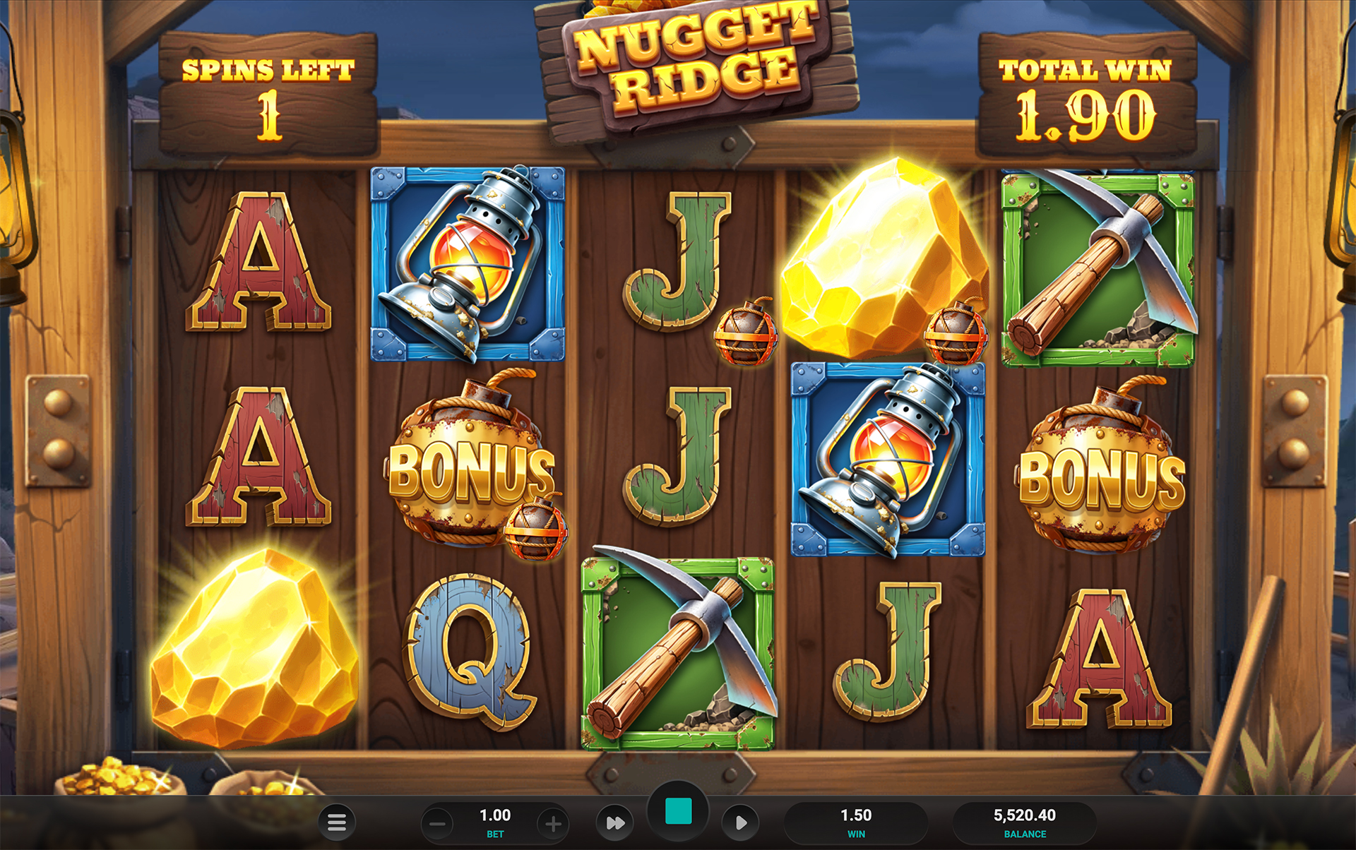 Nugget Ridge free spins mode showing a lit dynamite bonus symbol, a sticky wild lantern symbol and the spins-left and total-win counters