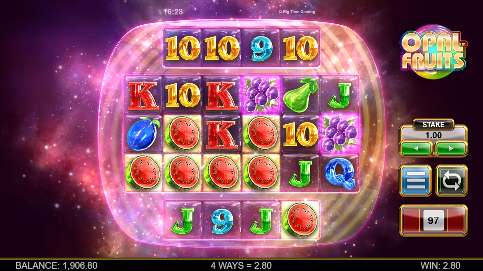 Opal Fruits slot showing the Triple Reaction mechanic with symbols scrolling and reacting across the grid
