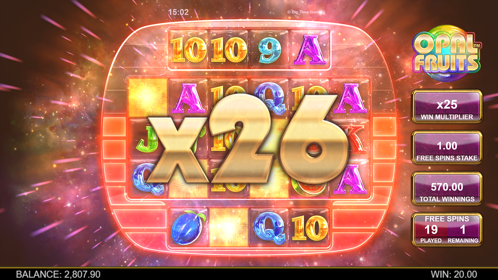 Opal Fruits slot Free Spins feature showing the escalating Win Multiplier during hyperspace mode
