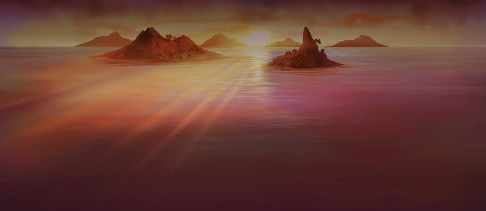 Pirots slot background artwork showing a sunset over pirate islands