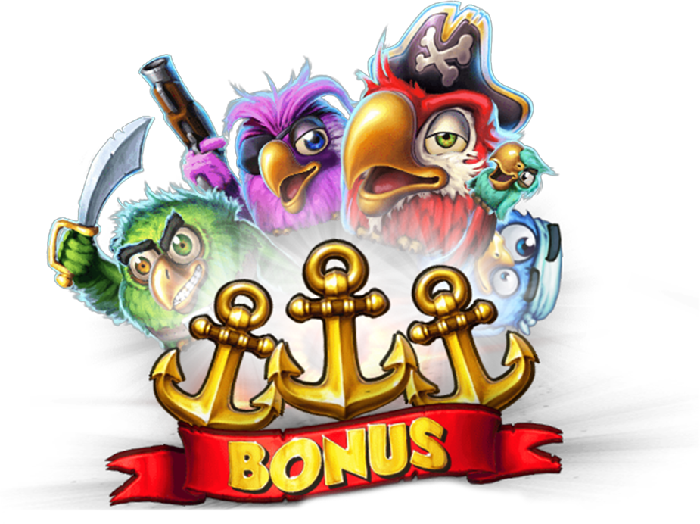 Pirots bonus feature key art showing all four coloured parrot characters and three golden anchors above a BONUS banner