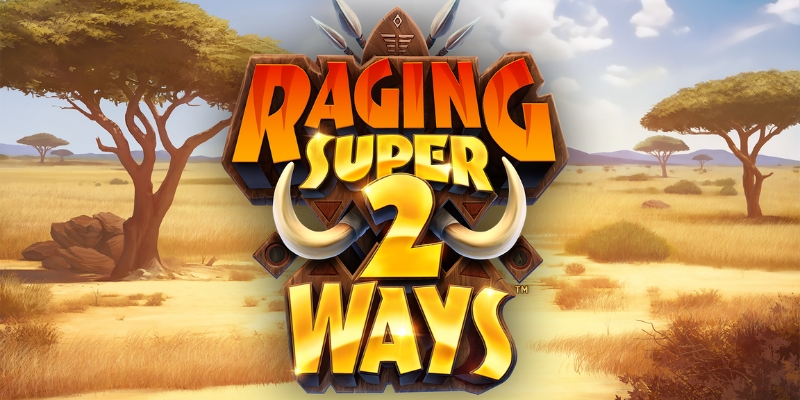 Raging Super2Ways official key art showing a tribal totem logo set against an African savanna backdrop