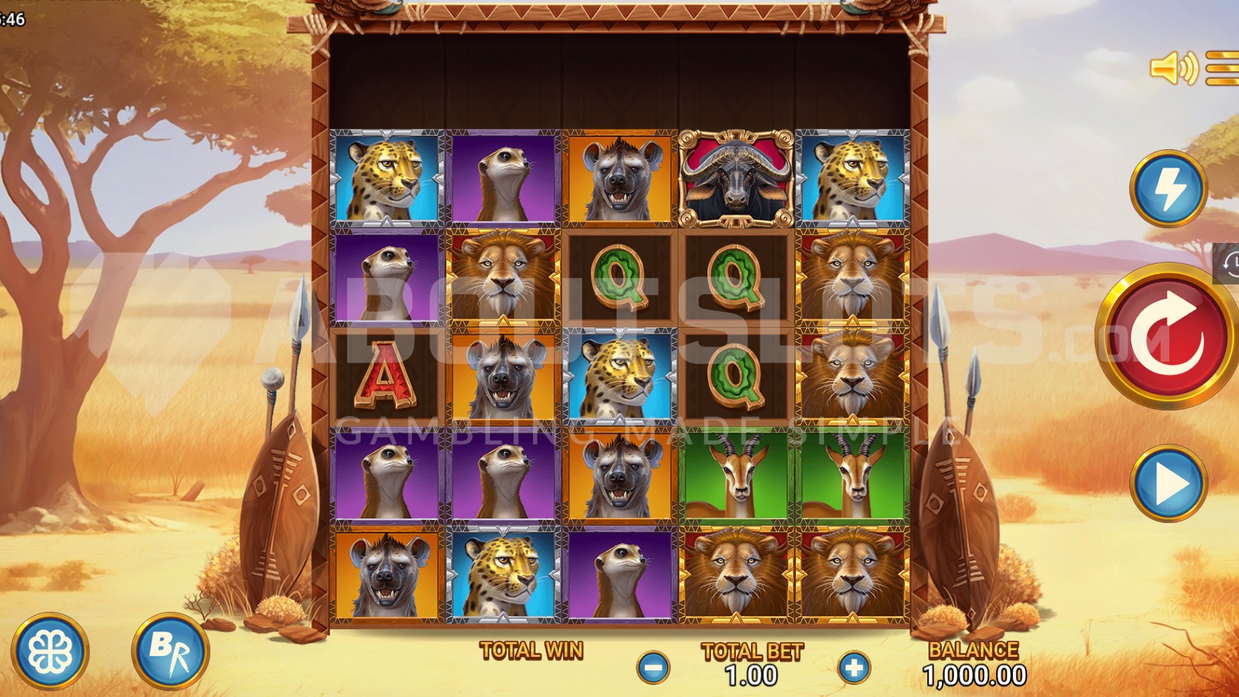 Raging Super2Ways base game screen showing a variable grid filled with African wildlife symbols including lions, hyenas and leopards