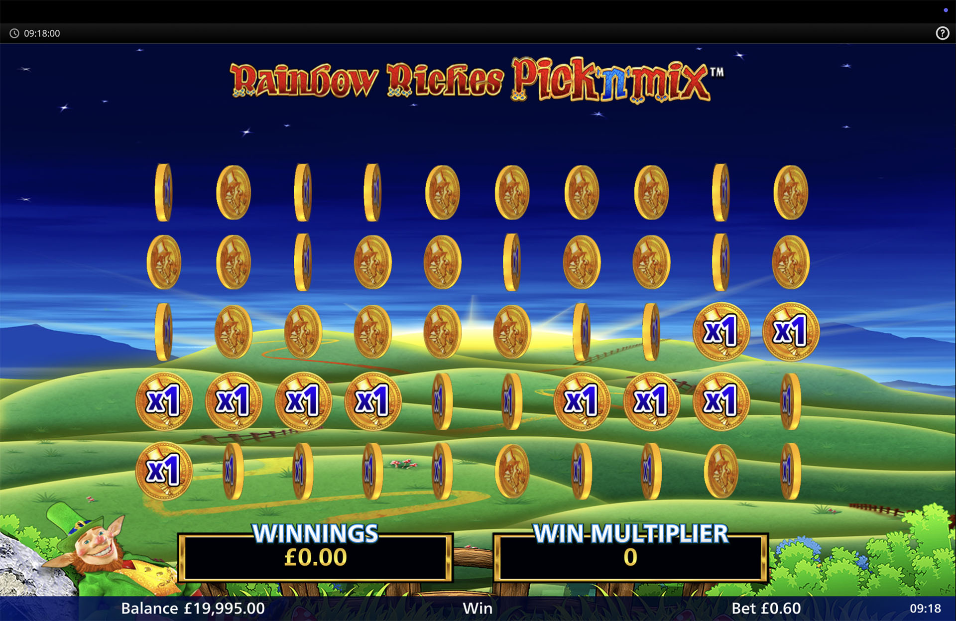 Rainbow Riches Pick 'n' Mix Cash Crop bonus round with 50 spinning coins revealing multipliers
