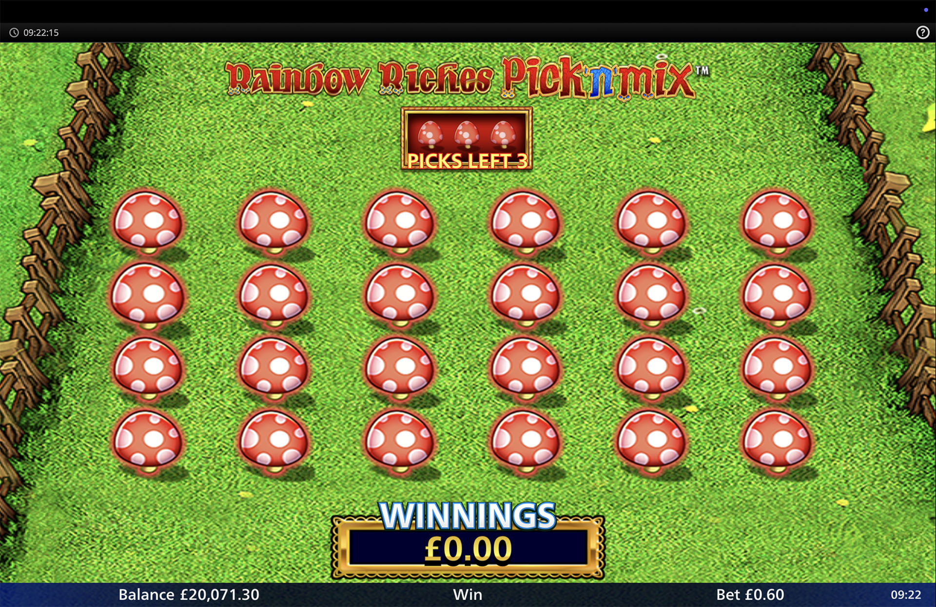 Rainbow Riches Pick 'n' Mix Magic Toadstool bonus round with a field of 24 pickable toadstools