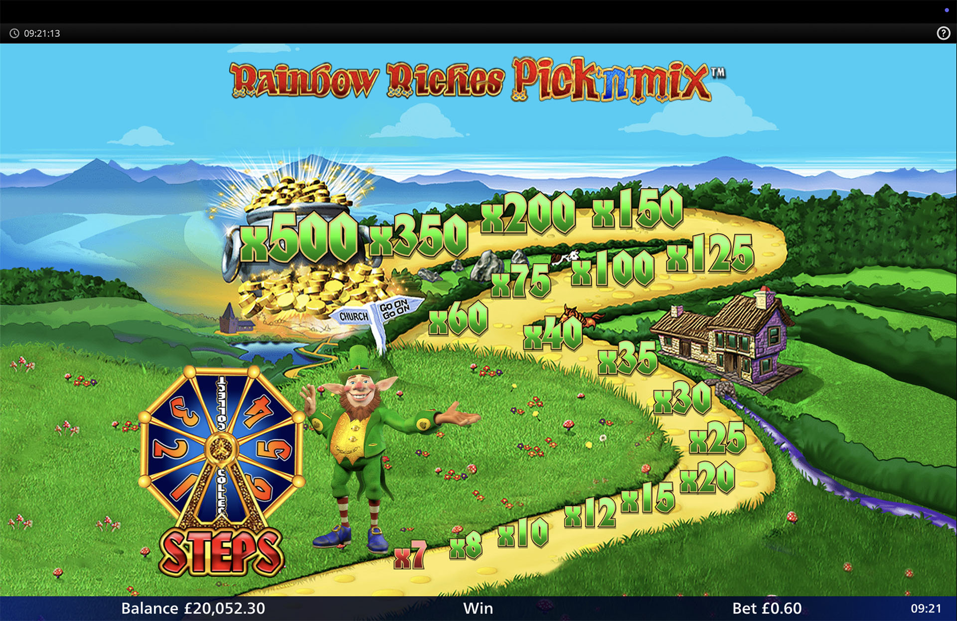 Rainbow Riches Pick 'n' Mix Road to Riches bonus round showing the multiplier path and spinning steps wheel
