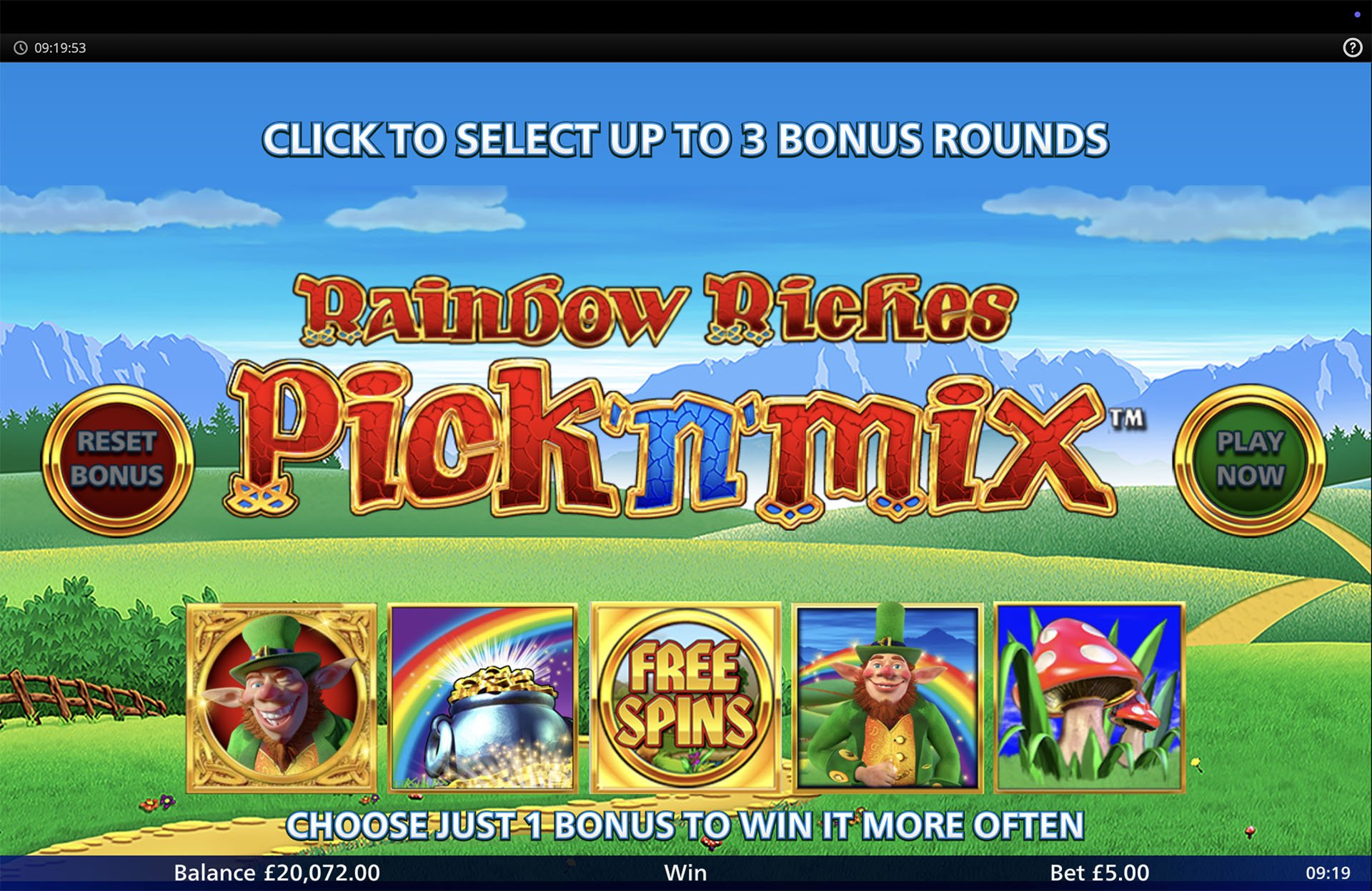 Rainbow Riches Pick 'n' Mix bonus select screen showing five selectable bonus round icons