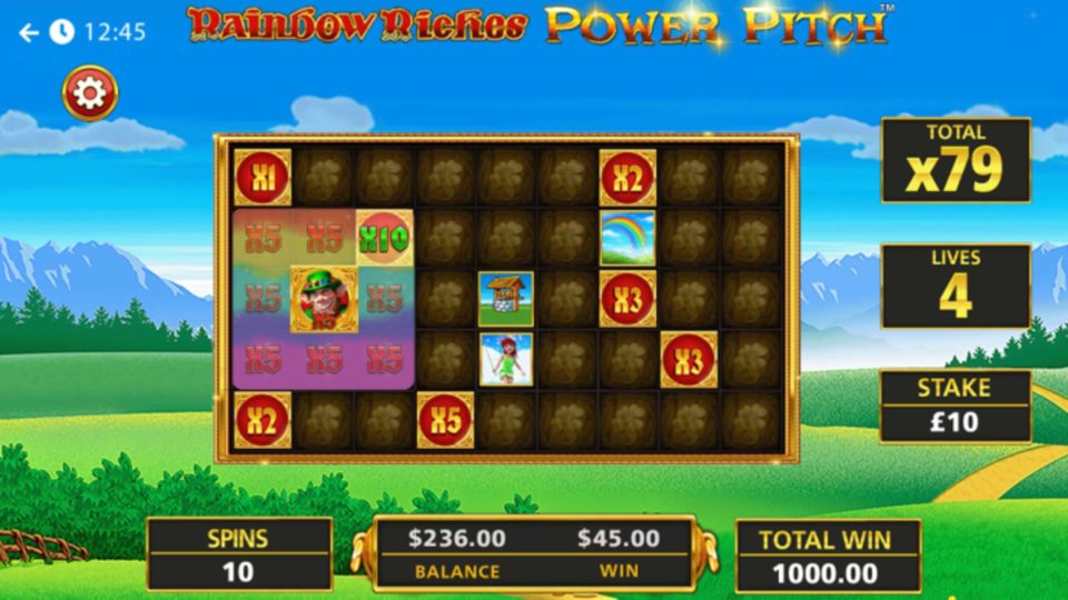 Rainbow Riches Power Pitch expanded bonus grid showing multiplier tiles and a leprechaun wild during a respin