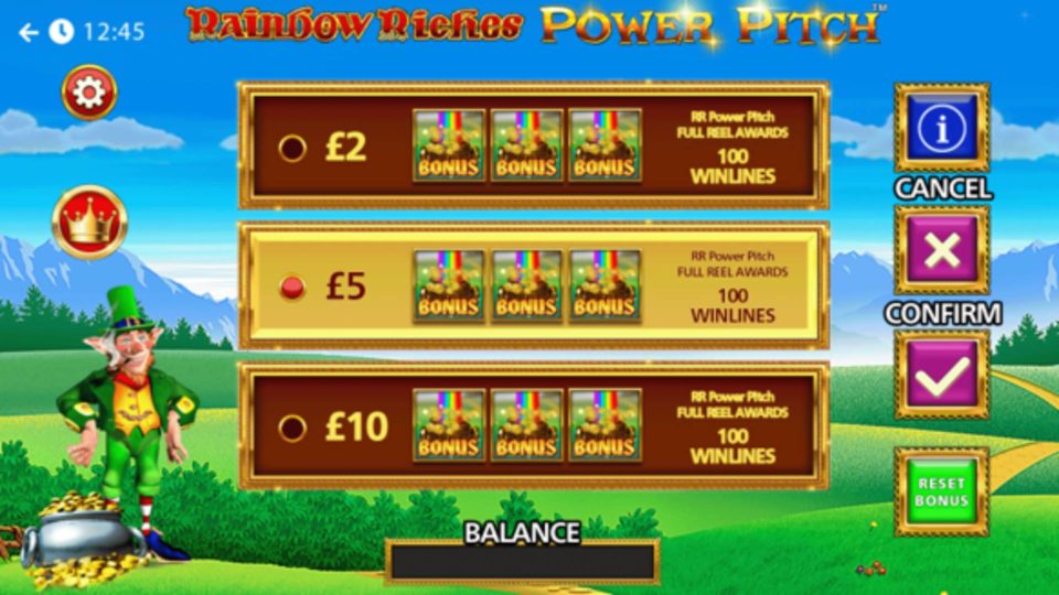 Rainbow Riches Power Pitch feature purchase screen showing stake options for buying into the bonus round