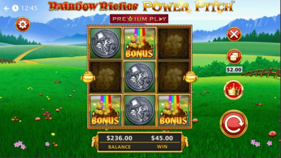Rainbow Riches Power Pitch Premium Play mode showing a reduced 3x3 grid with Bonus scatters and coin wild symbols