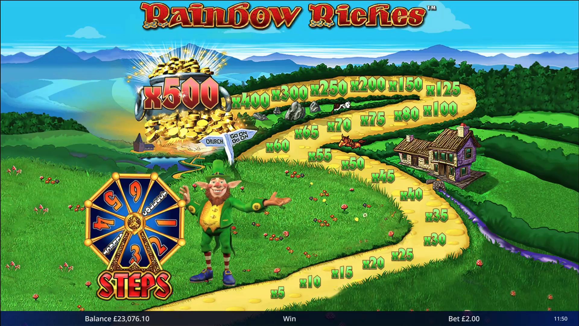 Rainbow Riches Road to Riches path showing multiplier values climbing toward the 500x pot of gold