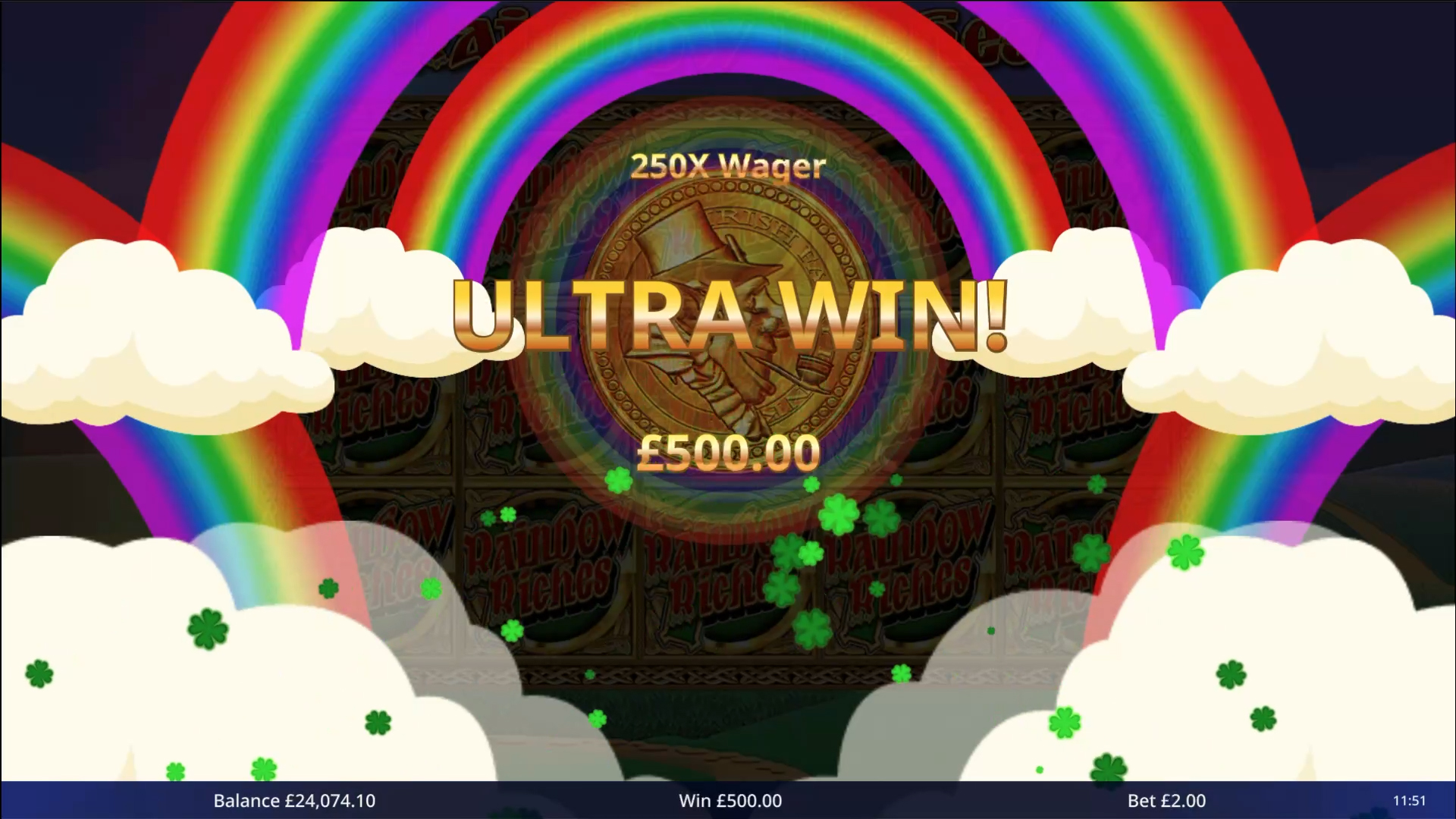 Rainbow Riches win celebration screen with rainbow arcs and shamrock animation