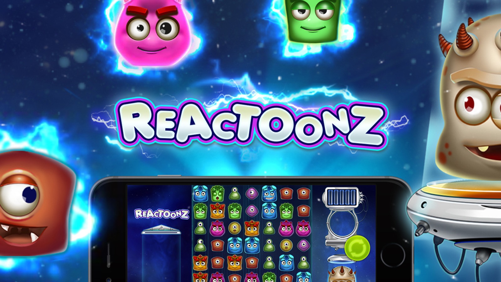 Reactoonz logo and alien cast artwork including Gargantoon, with a mobile gameplay screenshot showing the 7x7 grid