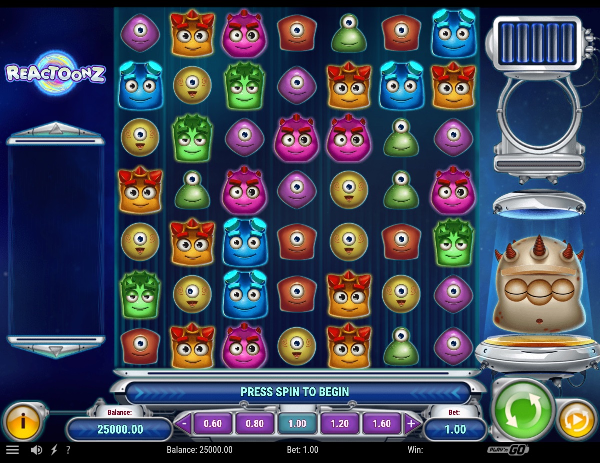 Reactoonz base game grid mid-cascade with several highlighted symbols about to clear