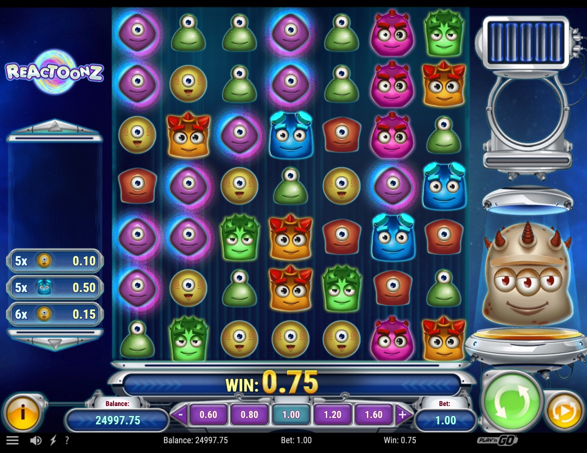 Reactoonz win screen showing a cluster payout breakdown with matching symbol values listed