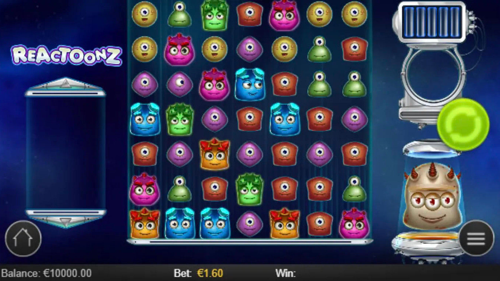 Reactoonz mobile gameplay screenshot showing the 7x7 grid and Gargantoon on a smartphone screen