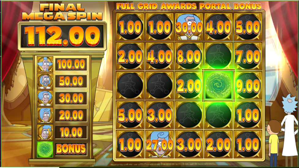 Rick and Morty Wubba Lubba Dub Dub slot Mr Meeseeks Free Spins round showing multiplying wild symbols