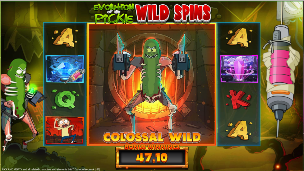 Rick and Morty Wubba Lubba Dub Dub slot showing a big win during a Free Spins round