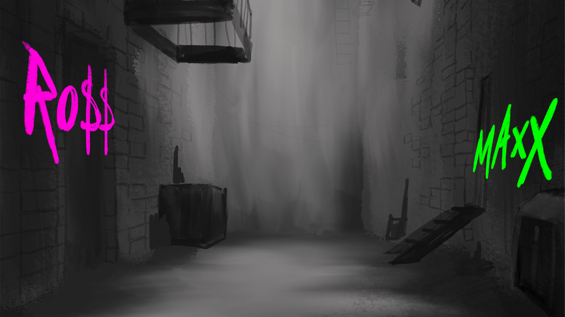 R.I.P. City background art showing a dark, grungy alleyway with neon graffiti reading Ro$$ and Maxx