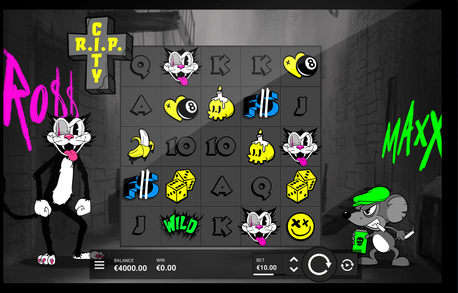 R.I.P. City base game reels showing graffiti-style card symbols, dice, an 8-ball and Wild Cat symbols, with Ro$$ the Cat and Maxx the Mouse either side of the grid