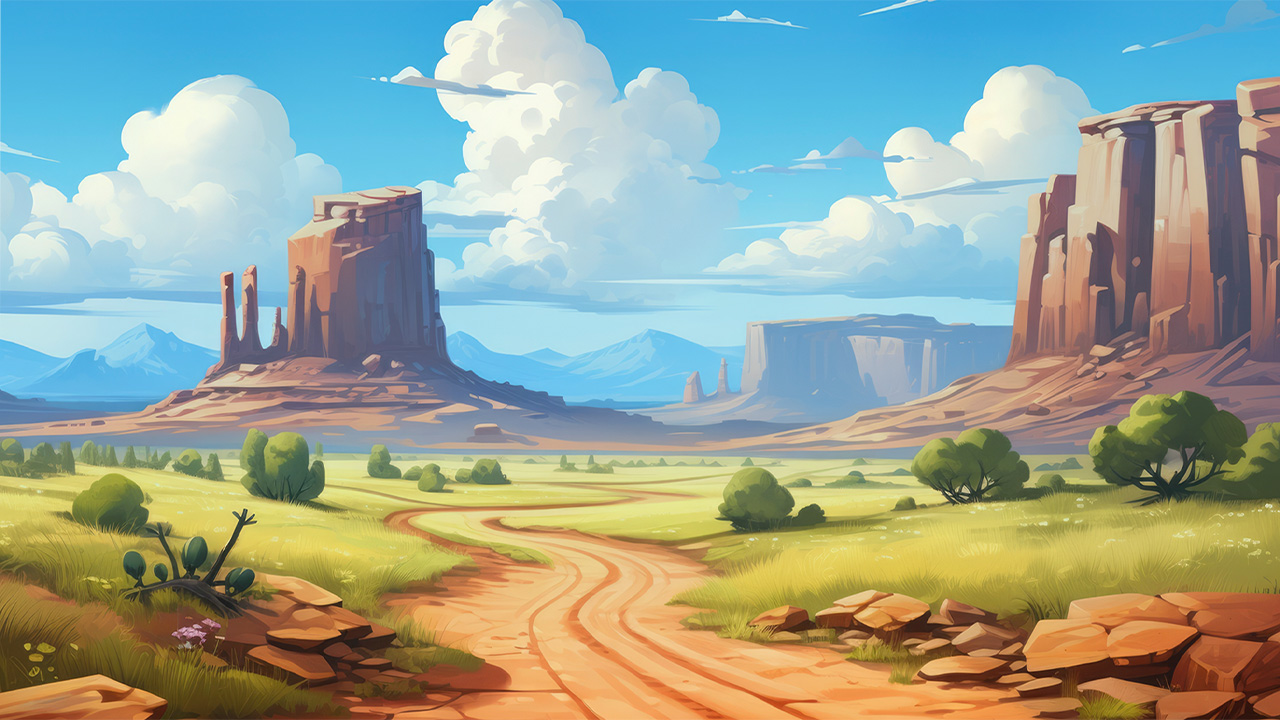 Rusty & Curly key art showing the desert frontier backdrop with rock formations behind the reels
