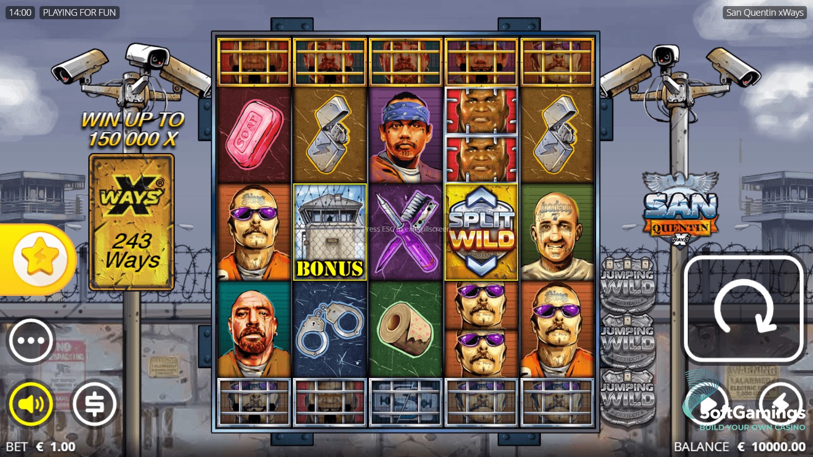 San Quentin xWays base game reels showing the Enhancer Cells above and below the grid, plus Bonus and Split Wild symbols