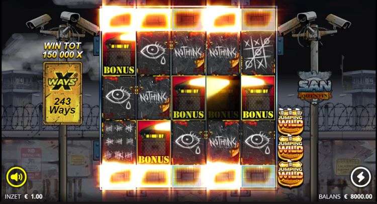San Quentin xWays Enhancer Cells open during the base game, revealing Bonus, Nothing, and eye symbols across an expanded grid