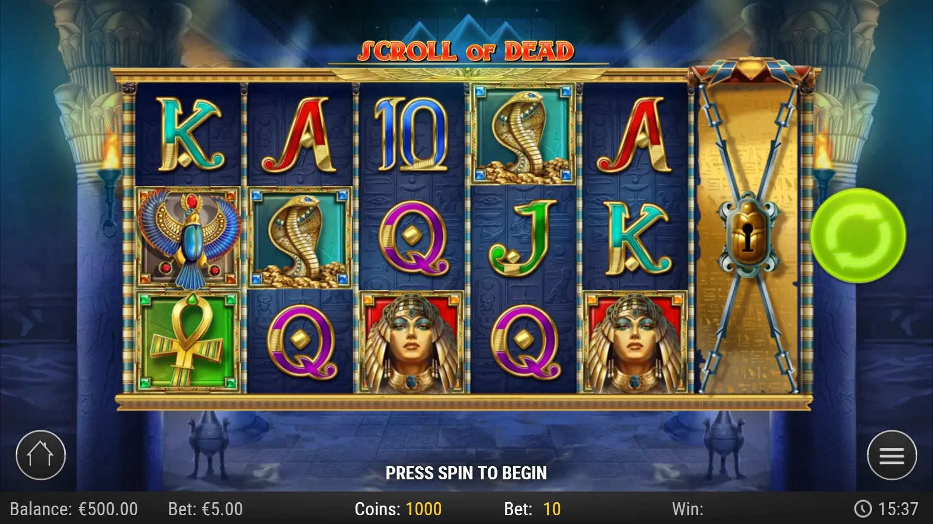 Scroll of Dead mobile landscape view of the reels with cobra and falcon symbols