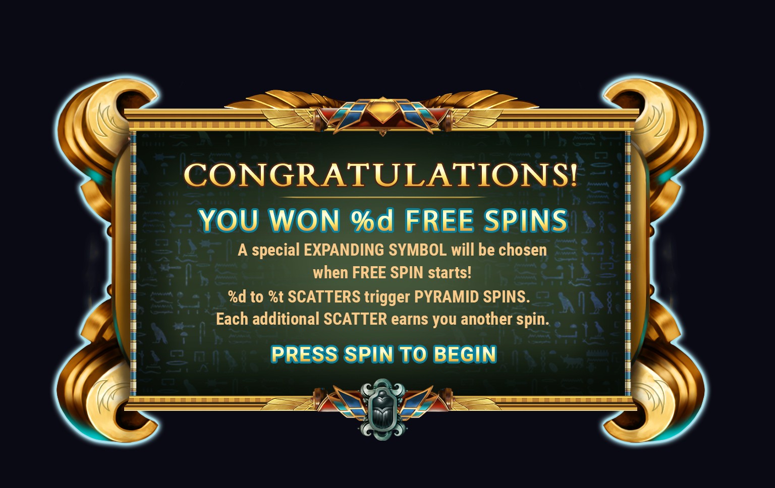Scroll of Dead free spins bonus intro screen announcing Pyramid Spins and the expanding symbol