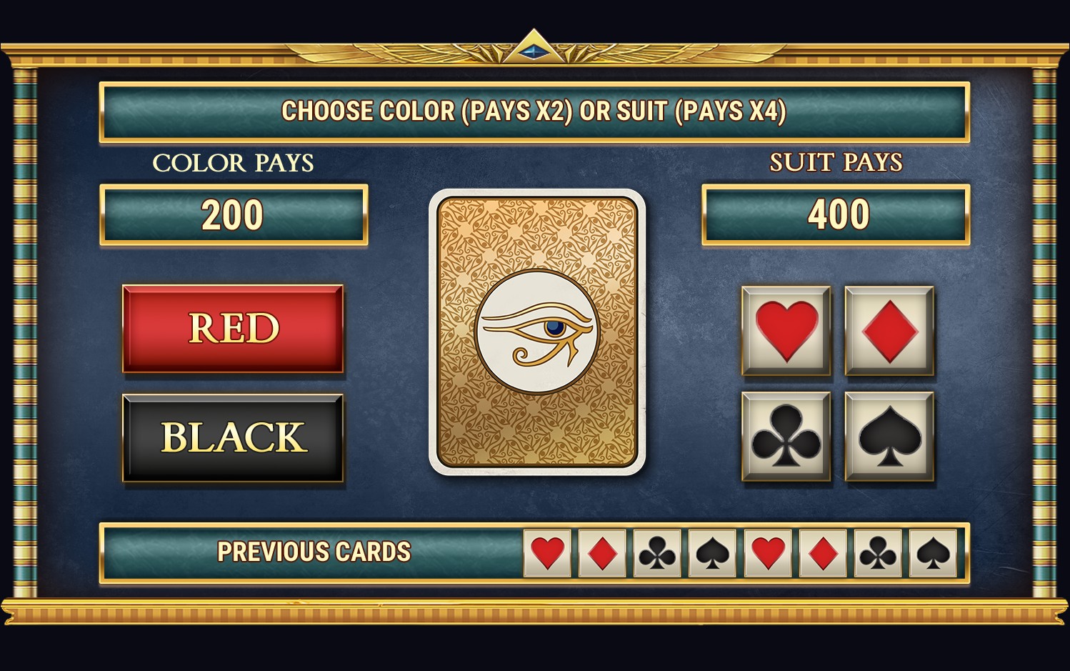 Scroll of Dead gamble feature screen showing colour and suit betting options