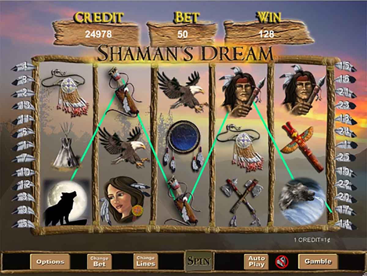Shaman's Dream slot reels showing a winning payline through a howling wolf, Native American woman and chief symbols