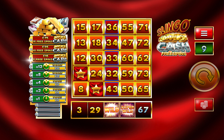 Slingo Gold Cash Freespins grid showing numbers, Wild and Super Wild tiles alongside a prize ladder listing cash and free spin rewards